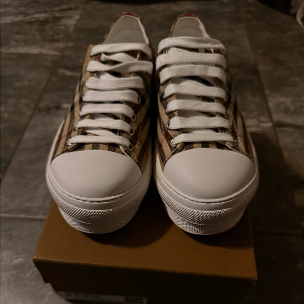 Burberry Beige and White Check Sneakers